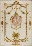 Piat Joseph Sauvage, A pair of trompe l'œil wall panels, Oil on canvas, the edges partially relined. Both designed to resemble moulded panels with central trompe l'œil marble tondos painted en grisaille to depict amoretti at play surrounded by metal tendrils and garlands with rocaille scrolls, flowers and bouquets. With minor retouches. H 250, W 174 and