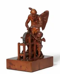 A carved boxwood figure of Chronos sharpening Amor´s arrows by South German, Carved boxwood and red stained hardwood, black painted plaster. Two-figure group on a solid square base. Chronos depicte, sold Jul 2021