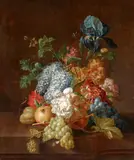 Pieter Faes, Still Life with Flowers and Fruit on a Stone Ledge, Oil on panel (parquetted)