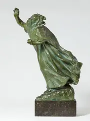 Victor Rousseau, A bronze sculpture “Le roi Lear”, Cast bronze with greenish brown patina and granite plinth. A fully sculpted figure of a bearded man in a voluminous and dynamically draped garment striding forward with his right arm raised up in a pleading gesture and his left hand forming a fist. H 55.5, H with plinth