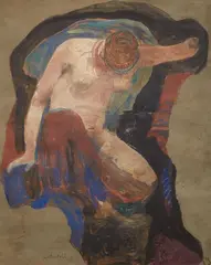 Constant Montald, Female Nude with Bowed Head, Gouache and gold paint on paper