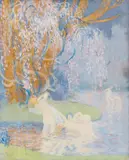Constant Montald, Bathing Nymphs, Gouache and gold paint on wood