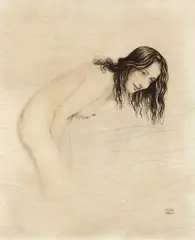 Walter Sauer, Young Woman Bathing, Black and blue chalk on paper
