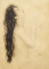 Walter Sauer, Portrait of a Woman with Long Hair, Black pencil and chalk on wax paper