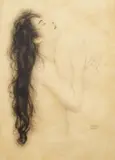 Walter Sauer, Portrait of a Woman with Long Hair, Black pencil and chalk on wax paper