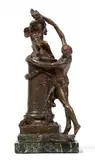 René de Saint-Marceaux, A bronze sculpture “Éternelle Renaissance d´Amour”, Cast bronze with brownish green, finely shimmering patina, the base of noir belge granite. A fully sculpted group on a flat plinth. Depicting Venus standing in a dancing pose holding her extinguished torch up to light it from a flame held by the winged figure of Cupid sitting on a column. H with plinth