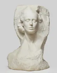 Pierre de Soete, A white marble bust of a woman, White Carrara marble. Depicting the head of a young woman with closed eyes half in the round, hewn from the marble block in “non-finito” technique. H