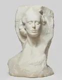 Pierre de Soete, A white marble bust of a woman, White Carrara marble. Depicting the head of a young woman with closed eyes half in the round, hewn from the marble block in “non-finito” technique. H