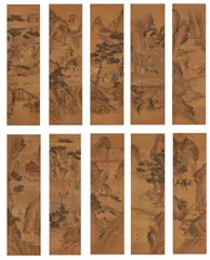The Daoist paradise of the immortals. A set of ten hanging scrolls. Ink and colour on paper. One scroll dated cyclically renyin and inscribed Jinmen huashi Leng Mei and s..., The Daoist paradise of the immortals. A set of ten hanging scrolls. Ink and colour on paper. One scroll dated cyclically renyin (1722) and inscribed Jinmen huashi Leng Mei and s..., The Daoist paradise of the immortals. A set of ten hanging scrolls. Ink and colour on paper. One scroll dated cyclically renyin (1722) and inscribed Jinmen huashi Leng Mei and sealed chen... and Jinmen huashi. (10)