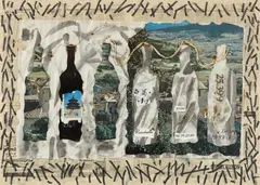 Bottles. Mixed media and ink on paper. Signed and dated Xue Song, 1997.6. Framed and glazed., Bottles. Mixed media and ink on paper. Signed and dated Xue Song, 1997.6. Framed and glazed., Bottles. Mixed media and ink on paper. Signed and dated Xue Song, 1997.6. Framed and glazed