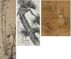 Zhang Dan, und ein weiterer Künstler. Daoguang-Periode (1820-1850) und später, Three hanging scrolls. a) Ba,boo in spring from a set of four hanging scrolls. Ink on paper. SIgned Xinzhi, sealed Xianzhi and Maiwu. 19th century. b) A pine tree. Ink on paper. Inscription, dated cyclically yiyou (1885/1945), signed Yun Qing and sealed Yun Qing. c) An immortal (He Xiangu) with a flower basket seated on a water buffalo. Ink and colour on silk. Collector's seal. (3) a)