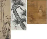 Zhang Dan, und ein weiterer Künstler. Daoguang-Periode (1820-1850) und später, Three hanging scrolls. a) Ba,boo in spring from a set of four hanging scrolls. Ink on paper. SIgned Xinzhi, sealed Xianzhi and Maiwu. 19th century. b) A pine tree. Ink on paper. Inscription, dated cyclically yiyou (1885/1945), signed Yun Qing and sealed Yun Qing. c) An immortal (He Xiangu) with a flower basket seated on a water buffalo. Ink and colour on silk. Collector's seal. (3) a)
