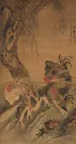 Unidentified painter, A finger painting depicting three roosters below a willow tree. Hanging scroll. Ink and colour on silk. Inscription, dated caclically guisi (1893), signed and sealed., A finger painting depicting three roosters below a willow tree. Hanging scroll. Ink and colour on silk. Inscription, dated caclically guisi (1893), signed and sealed