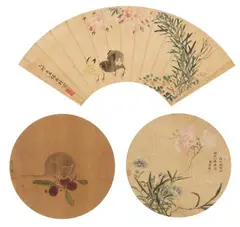 Sima Zhong, Three paintings. a) Two quails. Ink and colour on silk. Inscription, dated cyclically yimao (1855), signed Xu Suzhong and sealed Zhong yin. b) A mouse with a fruit. Ink and colo..., Three paintings. a) Two quails. Ink and colour on silk. Inscription, dated cyclically yimao (1855), signed Xu Suzhong and sealed Zhong yin. b) A mouse with a fruit. Ink and colour paper. Inscribed Ai Xuan, an artist's seals and four collector's seals. c) Flowers. Ink and colour on gold-flecked paper. Inscription, dated cyclically wuwu, signed and sealed Zhu Sun. With silk mounting, one matted, framed and glazed. (3) a)