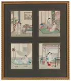 Four album leaves depicting erotic scenes. Ink and colour on paper. Matted, framed and glazed. by Anonymer Maler des 19. Jh., Four album leaves depicting erotic scenes. Ink and colour on paper. Matted, framed and glazed, sold Jun 2021