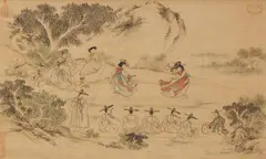 Unidentified painter, Unidentified Korean painter. Late 19th century, A hanging scroll, depicting two sword dancers accompanied by an orchestra, and a small group of spectators in a landscape. Ink and light colours on silk. Four seals