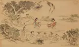 Unidentified painter, Unidentified Korean painter. Late 19th century, A hanging scroll, depicting two sword dancers accompanied by an orchestra, and a small group of spectators in a landscape. Ink and light colours on silk. Four seals