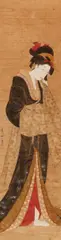 Chōensai Eishin, A hanging scroll, depicting a bijin tying her obi. Ink and colours on paper. Signed Toyokawa Jozan and sealed. Two wooden boxes., A hanging scroll, depicting a bijin tying her obi. Ink and colours on paper. Signed Toyokawa Jozan and sealed. Two wooden boxes