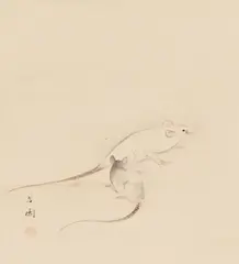 Hōen, A hanging scroll, depicting two rats. Ink and light brown on paper. Signed and sealed Hoen. Wooden box., A hanging scroll, depicting two rats. Ink and light brown on paper. Signed and sealed Hoen. Wooden box