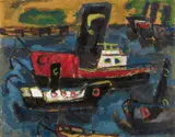 Werner Scholz, Schlepper in Ruhrort III, 1956, Oil on fibreboard