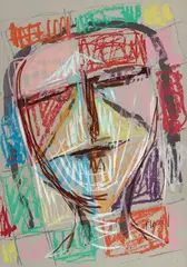 Markus Lüpertz, Untitled, Coloured chalk over colour silkscreen on card