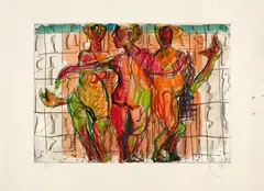 Markus Lüpertz, Die drei Grazien, Around 2018, Drypoint etching and woodcut, watercoloured, on card
