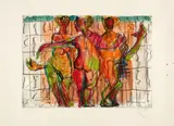 Markus Lüpertz, Die drei Grazien, Around 2018, Drypoint etching and woodcut, watercoloured, on card