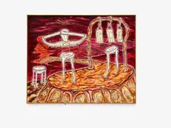 Peter Bömmels, Untitled (Strafbogen), 1985, Acrylic on canvas, collaged with 8 painted darts and card elements