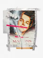 Isa Genzken, Untitled (Mach Dich hübsch! - Leonardo deCaprio), 2016, Assemblage of poster, adhesive tape, metal foil, plastic orchids and spray paint. Approx