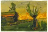 Emil Nolde, Abendliche Marschlandschaft mit Gehöft (Kleine Hütte und struppige Weide, wohl in Küstennähe), 1922, Watercolour and pen and ink drawing on firm, smooth chamois-coloured paper 23 x 34.2/