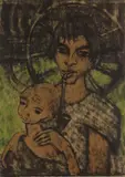 Otto Mueller, Zigeunermadonna (Zigeunerin mit Kind vorm Wagenrad), 1926-1927, Colour lithograph pulled from 3 colour stones, the background watercoloured in green by the artist, on brownish paper