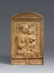 studio of Antonio Rossellino, A plaster relief of the Virgin and Child from the workshop of Antonio Rossellino, Plaster with minimal remains of former polychromy. This high relief depicts the Virgin and Child enthroned within a garland of flowers and an architectural surround. The piece can be dated to around 1470/ 1490 and is based on a model by Antonio Rossellino (aka. Antonio Gambarelli) that was produced numerous times in his workshop in both plaster and terracotta, also after his death. This type of relief depiction of the Madonna surrounded by a garland – not found in many of Rossellino's other works – is named after an example housed in the Hermitage in St. Petersburg. A peculiarity of this particular relief within the type is the frieze of putti with the coat-of-arms on the lower edge. Minimal wear. Mounted in a parcel-giltwood frame in the style of the period, presumably 19th century. Relief