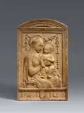 A plaster relief of the Virgin and Child from the workshop of Antonio Rossellino by studio of Antonio Rossellino, Plaster with minimal remains of former polychromy. This high relief depicts the Virgin and Child enthroned within a garl, sold Jun 2021