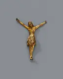 A late 13th century French bronze Corpus Christi by France Late 13th century, Engraved bronze with extensive remains of former gilding. Christ is depicted with upraised arms, legs parallel, feet cro, sold Jun 2021