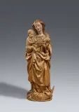 Franconia Circa 1470, A Franconian carved limewood figure of the Virgin and Child, circa 1470, Carved three-quarters in the round, the reverse deeply hollowed out and entirely covered with a separately carved board. Minimal remains of former polychromy, the Virgin's face overpainted. A figure of the Virgin Mary standing on the crescent moon designed for a frontal viewpoint. She holds the naked Christ Child in Her right hand and a bunch of grapes in Her left. The swaying pose of the sculpture is accentuated by the drapery of the voluminous cloak, with its curving hemline and detailed interplay of angular and curving folds. There are indentations evident beside the shoulders and feet of the statue which indicate that it may have originally been set into an aureola. Nuremberg or Central Franconia have been suggested as possible origins of this work. The Child's head and the Virgin's left hand are probably old replacements. The left tip of the crescent moon lost. Wear with minor losses