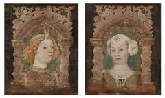 Bonifacio Bembo, Two Portraits in Gothic architectural Surrounds, Tempera on poplar panel, parquetted and mounted together in a modern frame