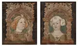 Bonifacio Bembo, Two Portraits in Gothic architectural Surrounds, Tempera on poplar panel, parquetted and mounted together in a modern frame