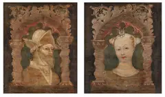 Bonifacio Bembo, Two Pairs of Portraits in Gothic architectural Surrounds, Tempera on poplar panel, parquetted and the pairs mounted together in a modern frame