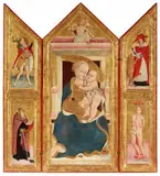 Tryptych - Enthroned Virgin and Child, Resurrection of Christ and St. Christopher, Anthony Abbot, Jerome and Sebastian. by Umbrian School um 14555 & 1460, Tempera and gold on panel, offered Jun 2021