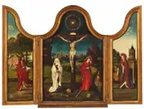 Bruges School around 1500, Triptych with the Crucifixion, John the Baptist and St. Barbara, Oil on panel. Central panel