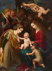 Master of the Stockholm Pietà, Mystic Marriage of Saint Catherine with the Infant Saint John the Baptist and Angels, Oil on canvas (relined)