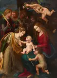 Mystic Marriage of Saint Catherine with the Infant Saint John the Baptist and Angels by Master of the Stockholm Pietà, Oil on canvas (relined), sold Jun 2021
