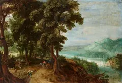 Mattheus Molanus, Wooded River Landscape with a Robbery, Oil on oak panel