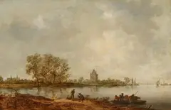 Jan van Goyen, Coastal Landscape with a Ferry and a Tower in the Background, Oil on panel
