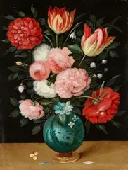 Jan Brueghel the Younger, Roses and Tulips in a Chinese Vase with a Gold Base, Oil on copper