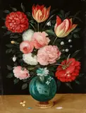 Jan Brueghel the Younger, Roses and Tulips in a Chinese Vase with a Gold Base