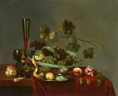 Abraham Susenier, Fruit Still Life with Grapes, Peaches, Flowers, a Lemon and an Oyster, Oil on canvas (relined)