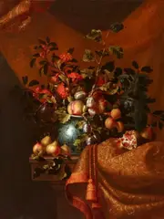 French School circa 1700, Still Life with Fruit and Flowers in a Porcelain Vase with a Brocade Drapery, Oil on canvas (relined)