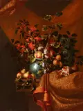 French School circa 1700, Still Life with Fruit and Flowers in a Porcelain Vase with a Brocade Drapery, Oil on canvas (relined)