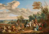 Jean-Baptiste Lallemand, Landscape with Peasants and Company at Rest, Oil on panel